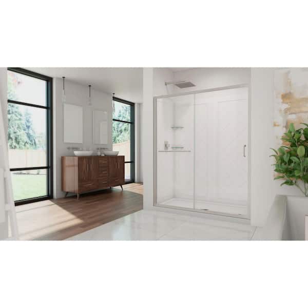 Infinity-Z 60 in. L x 32 in. W x 77 in. H Alcove Shower Door Kit w/ Shower Wall and Center Shower Pan in Brushed Nickel