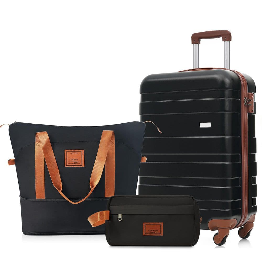 3-Piece Black ABS Plastic Hardshell Spinner 20 Luggage Set with Travel Duffel Bag, Toiletry Bag, TSA Lock