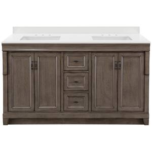 Naples 61 in. x 22 in. D Vanity in Distressed Grey with Engineered Stone Vanity Top in White with Trough White Basin