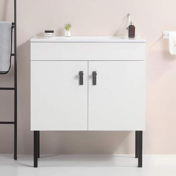 Staykiwi 30 in. W x 18 in. D x 22.8 in. H Freestanding Bath Vanity in White with White Ceramic Basin Top