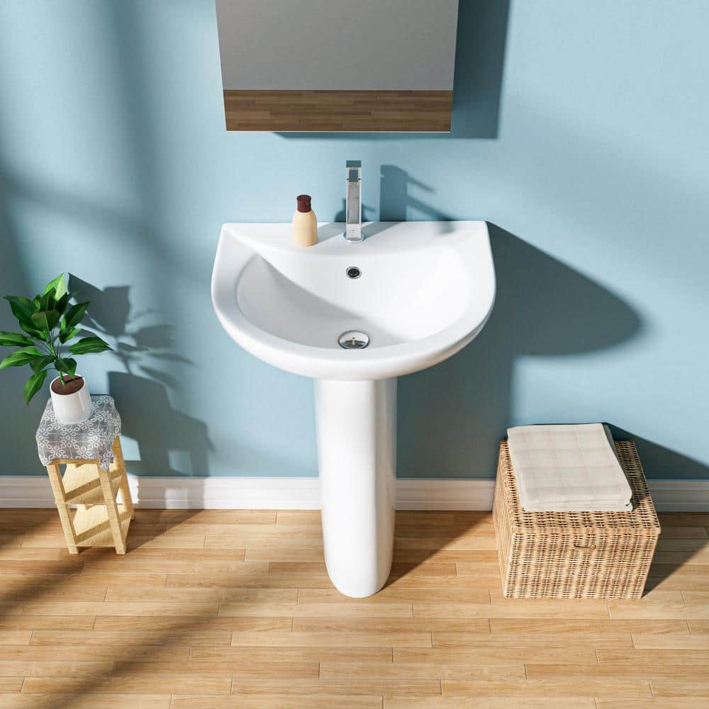 White Ceramic Gloss Pedestal Bathroom Sink with Overflow Drain
