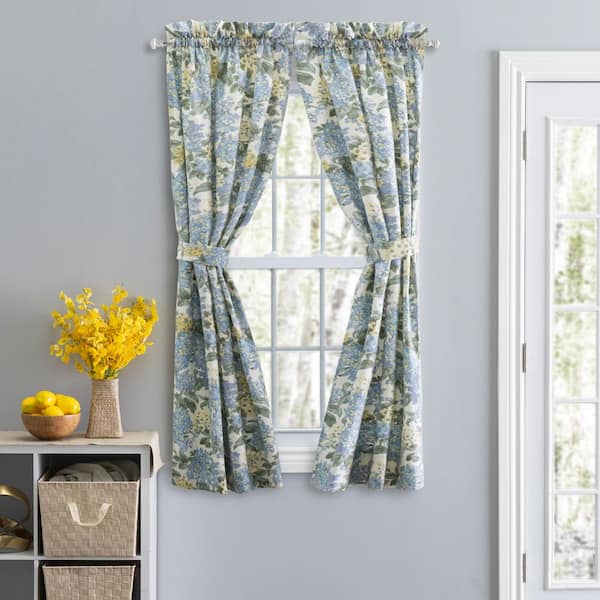 Hydrangea Blue Cotton Floral 34 in. W x 63 in. L Rod Pocket Room Darkening Curtain (Set of 2)