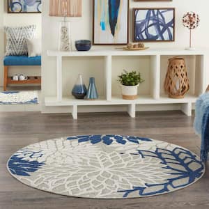 Aloha Ivory/Navy 5 ft. x 5 ft. Round Floral Modern Indoor/Outdoor Patio Area Rug