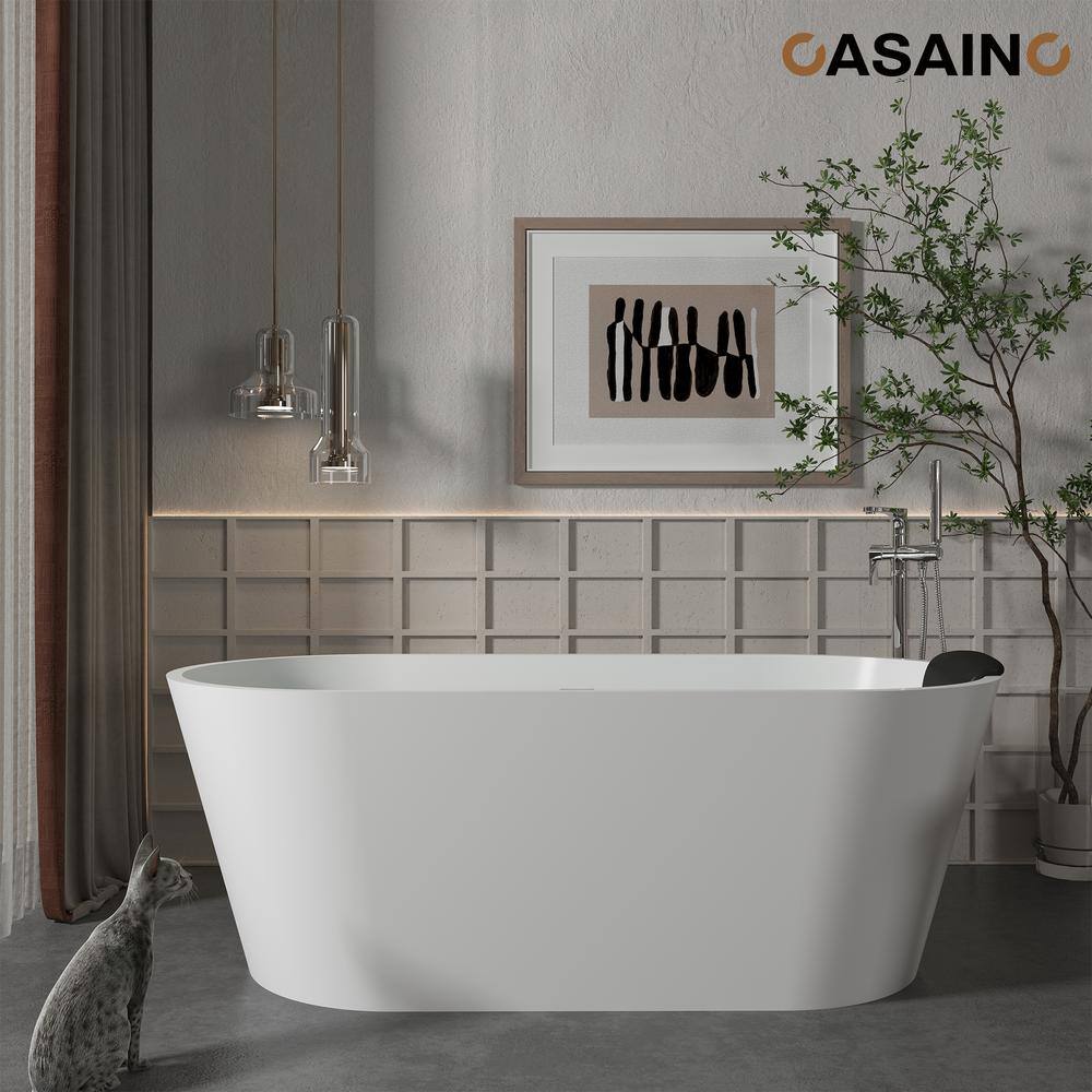 59" White Solid Surface Freestanding Soaking Bathtub with Black Pillow