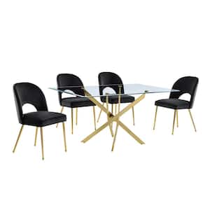 Olly 5-Piece Tempered Glass Top Gold Cross Legs Base Dining Set Black Velvet Fabric Chairs Set Seats 4