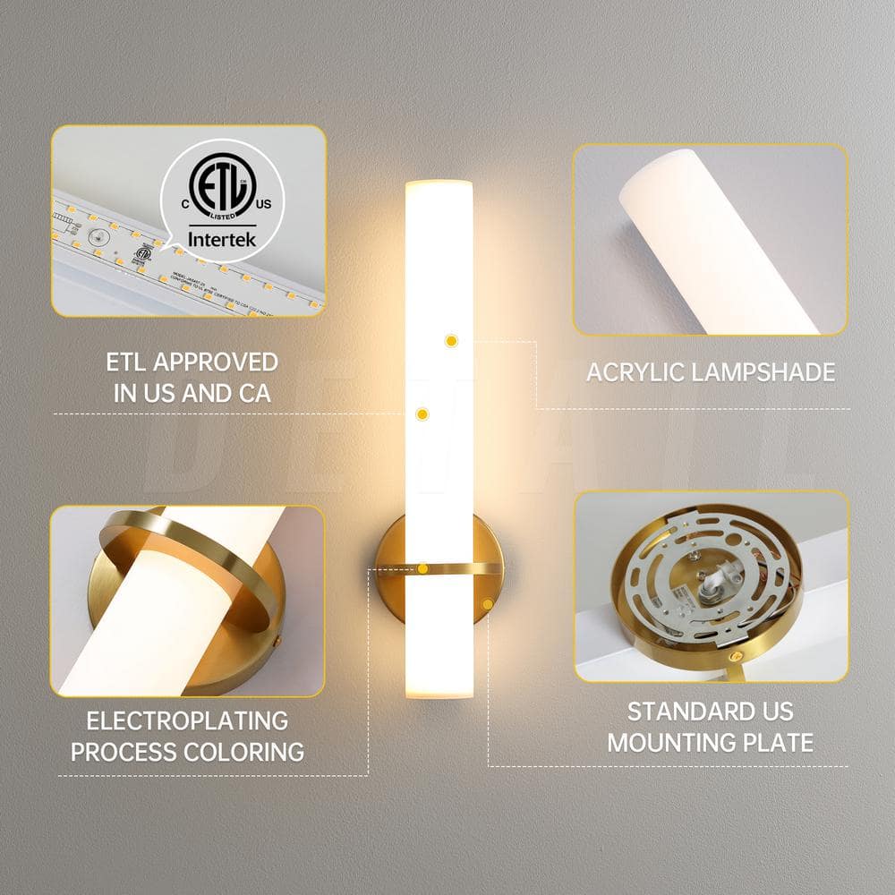 Gold Cylinder Dimmable LED Wall Sconce with Frosted Acrylic Shade