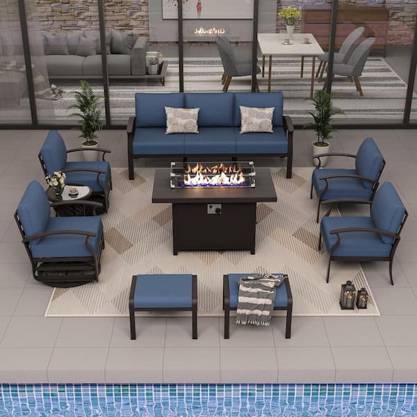 7-Seat Aluminum Patio Conversation Set with armrest, Fire pit Table,Swivel Rocking Chairs,Ottomans and NavyBlue Cushions