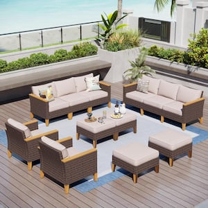 Brown Wicker Rattan 12 Seat 12-Piece Steel Outdoor Patio Conversation Set with Beige Cushions and 4 Ottomans