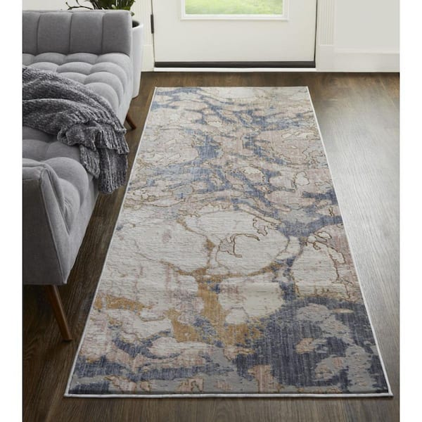 2 X 8 Tan, Blue Abstract Runner Rug