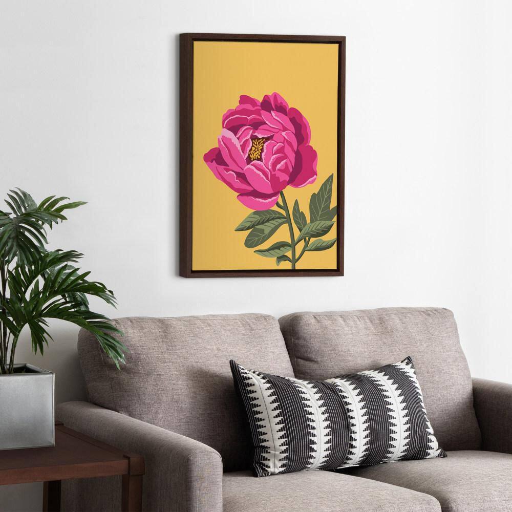Bright Peony Framed Canvas Wall Art in Walnut Brown