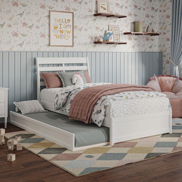 Emelie White Solid Wood Frame Twin Platform Bed with Panel Footboard and Twin Trundle