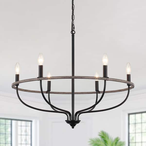 6-Light Black and Wood Grain Traditional Circle Hanging Candlestick Linear Chandelier Lighting for Kitchen Island