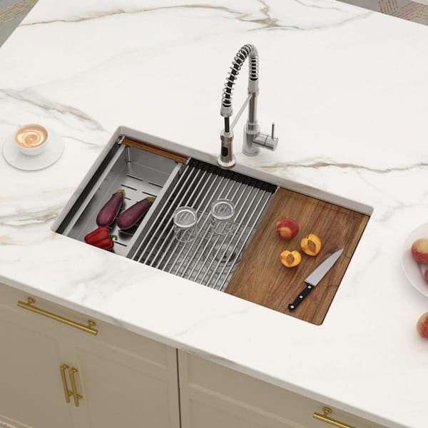 33 in. Drop In Workstation 16-Gauge Stainless Steel Single Bowl Undermount Kitchen Sink with Cutting Board