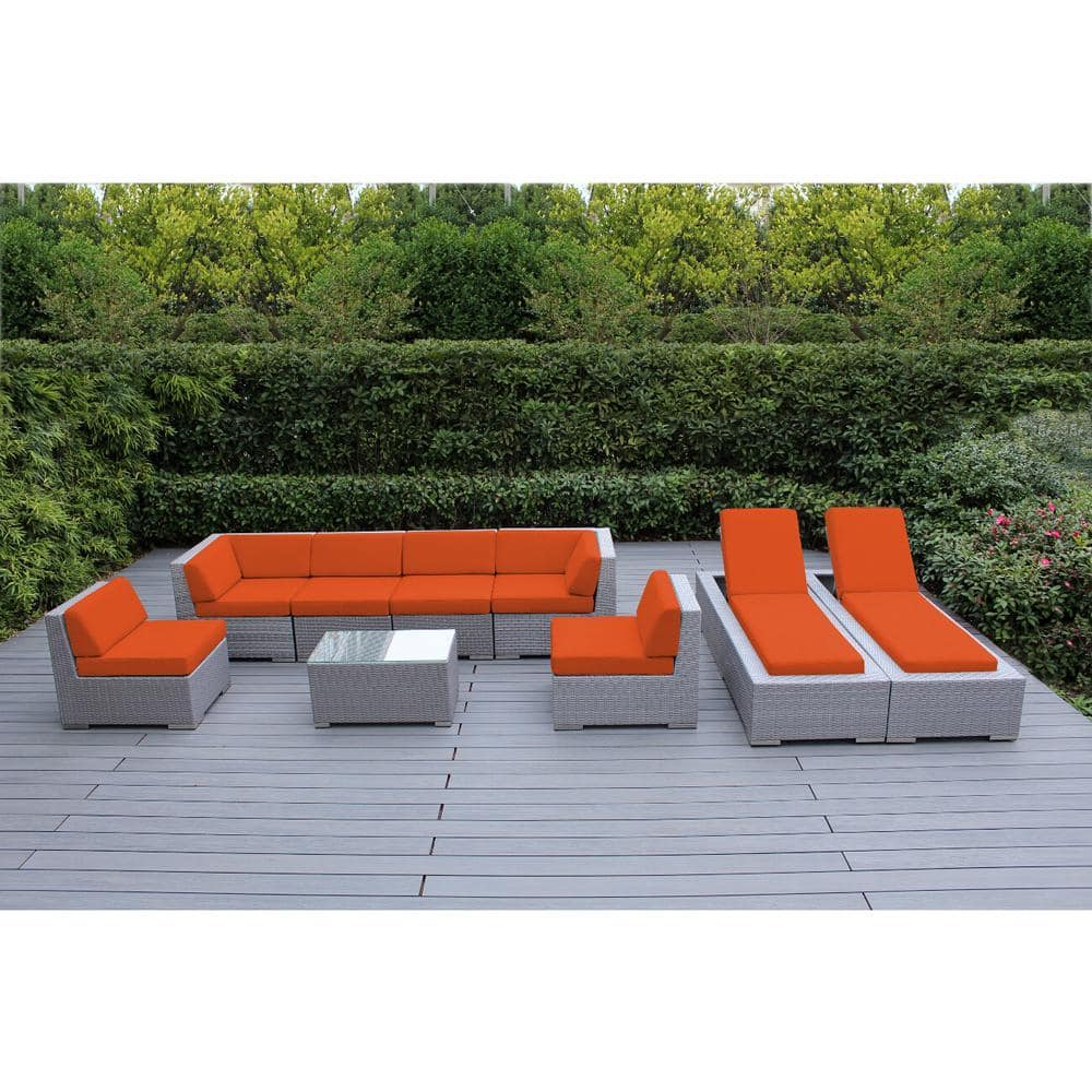 Gray 9-Piece Wicker Patio Combo Conversation Set with Sunbrella Tuscan Cushions