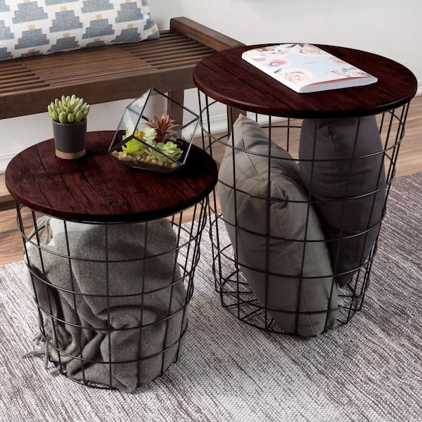 Lavish Home Cherry 2 Piece Nesting, Round Accent Tables For Living Room