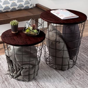 Cherry 2-Piece Nesting Veneer Metal and Wood Round Accent Table Set