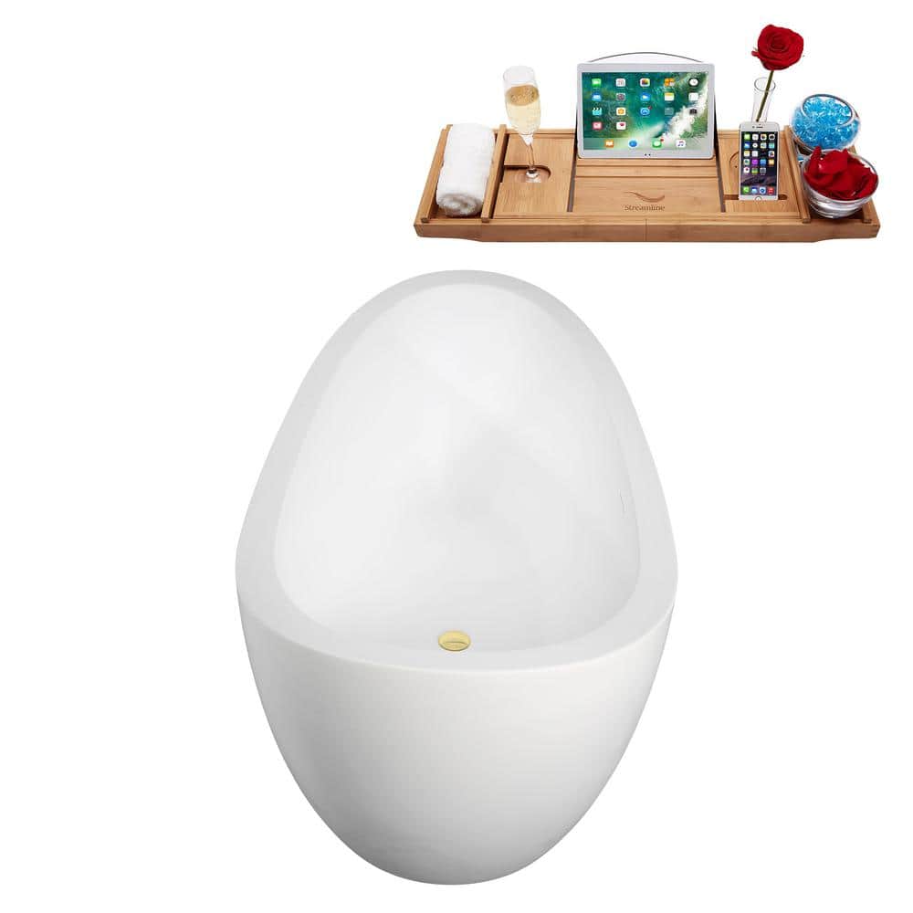 67" Glossy White Acrylic Freestanding Double Slipper Tub with Bamboo Tray