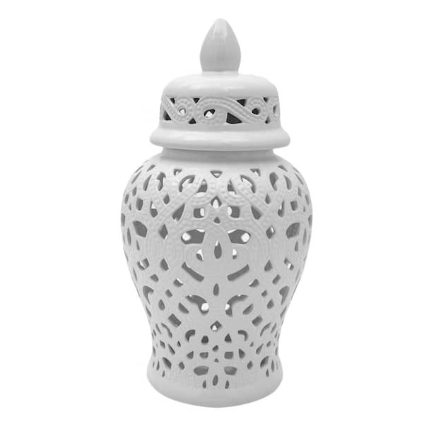 Oriental Furniture 18 in. Spiral Lattice Temple Jar - White