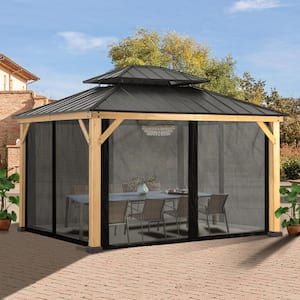 Cedar Wood 13 ft. x 11 ft. Outdoor Patio Hardtop Gazebo with Double Galvanized Steel Roof and Mosquito Netting