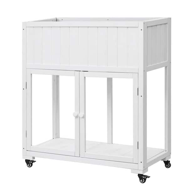 JUJABU 35.4 in. x 17.7 in. x 37.4 in. White Wood Mini Compact Cold Frame 2 Doors Garden Greenhouse Planters with Wheels Liner