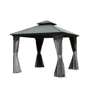 8 ft. x 8 ft. Dark Green Hardtop Gazebo, Aluminum Metal Gazebo with Galvanized Steel Double Roof Canopy and Curtain