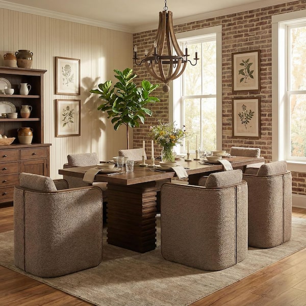 Errol Modern 7-Piece MDF Wood Top Dining Table Set with Upholstered Arm Chairs, Walnut Plus Taupe, Seats 6