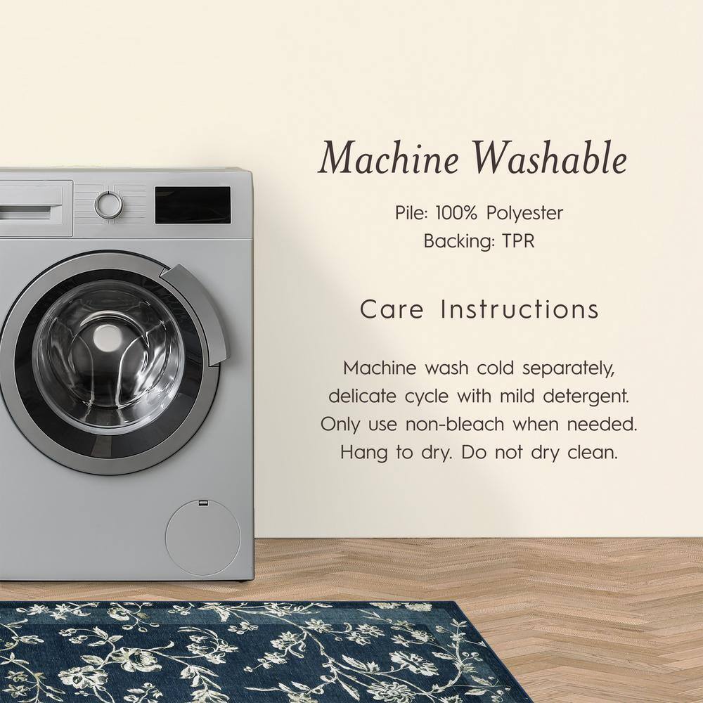 Dark Navy Floral Chenille Machine Washable Non-Slip Rug Set