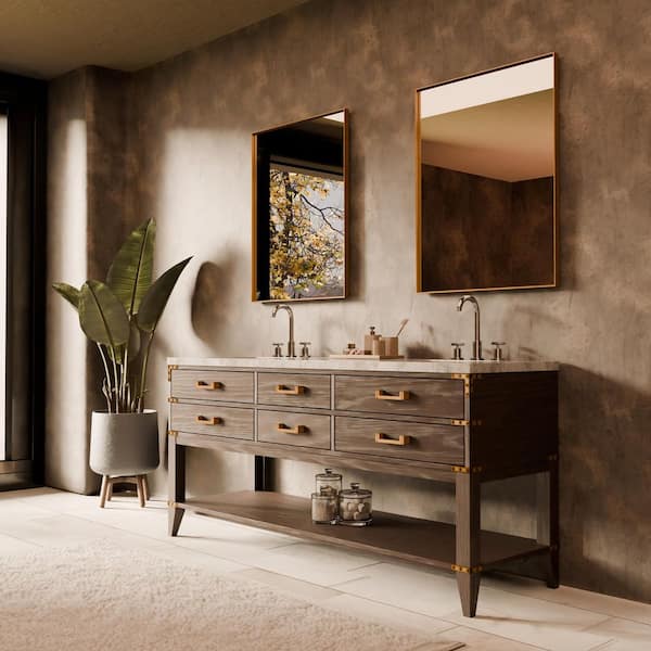 Irvington 72 in W x 22 in D Brown Oak Double Bath Vanity, Carrara Marble Top, and 34 in Mirrors