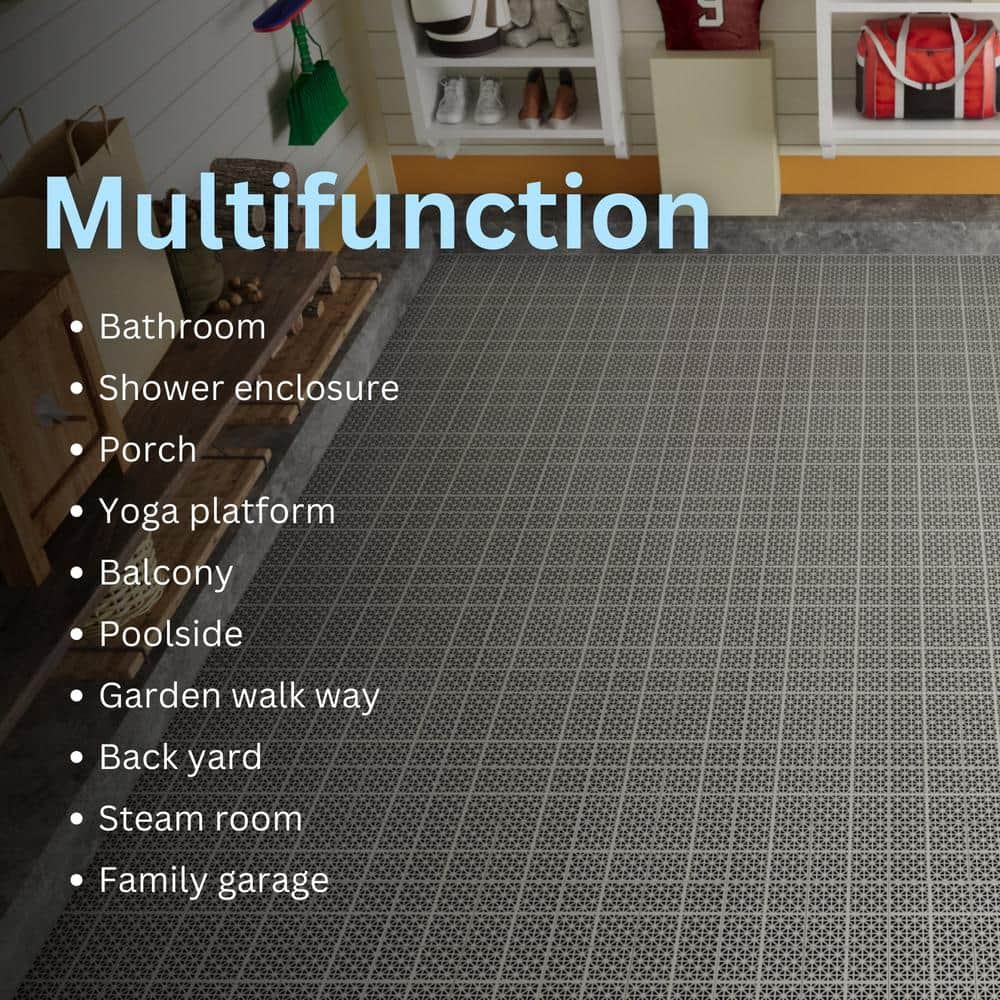 Gray 12" x 12" Plastic Interlocking Deck Tiles with Water Protection