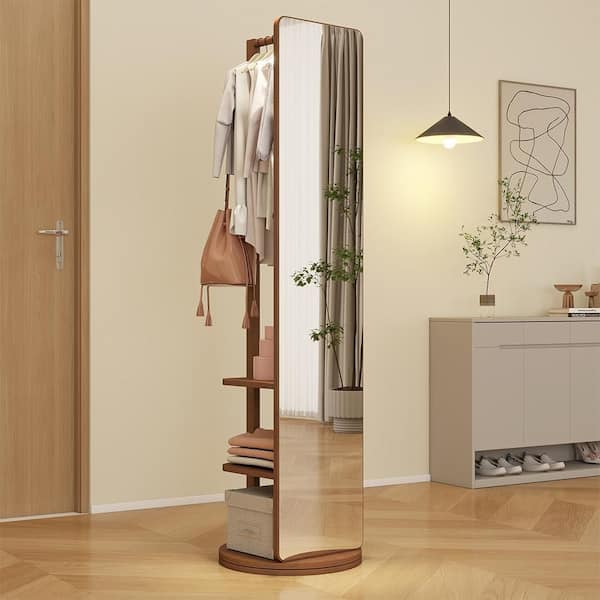 Walnut 17.7 in W x 65.7 in. H Farmhose Rectangle Wood Framed Mirror Wall Mirror Wall Decor Mirror