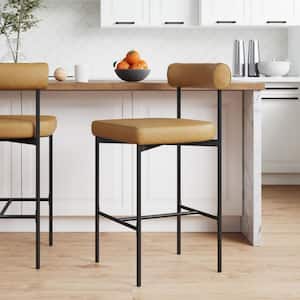 Dahlia 26 in. Brown, Black Metal Counter Height Chair, Barstool with Back and Leather Padded Seat and Mid-Century Legs