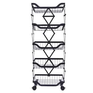 5-Tier Metal 4-Wheeled Rolling Stackable Storage Basket Cart in Black