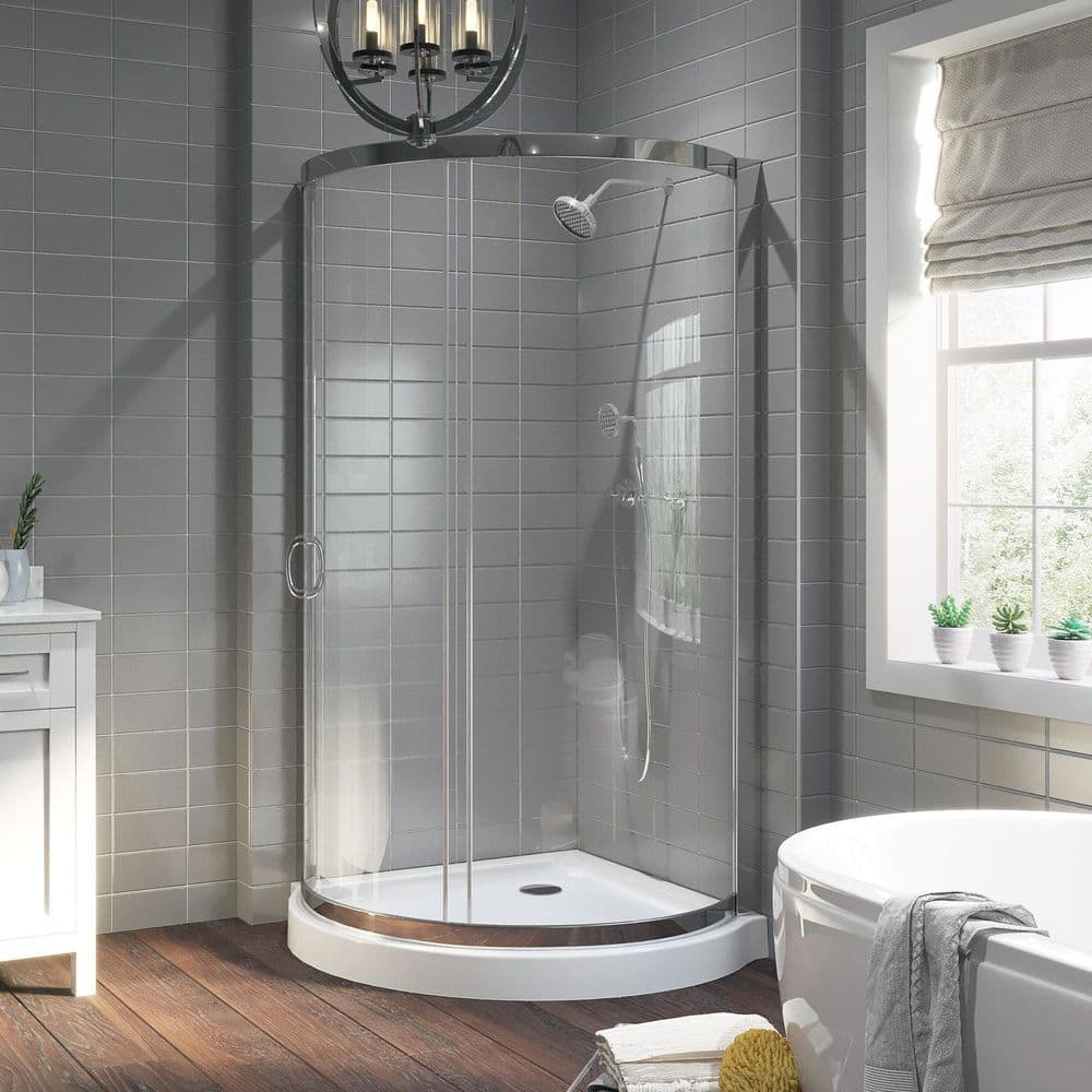 OVE Decors Breeze 38 in. L x 38 in. W x 76.97 in. H Corner Shower Kit with Clear Framed Sliding Door in Chrome and Shower Pan, Grey -  "Breeze 38"" n/w"