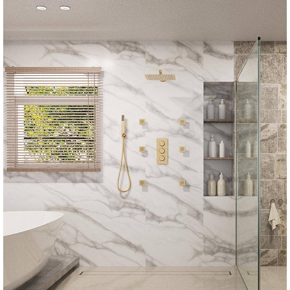 Brushed Gold Dual Square Wall Mounted Shower System with Body Jets