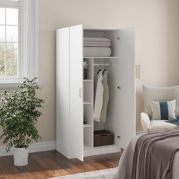 FUFU&GAGA White Wood 31.5 in. Armoire with Metal Hanging Rod and 6