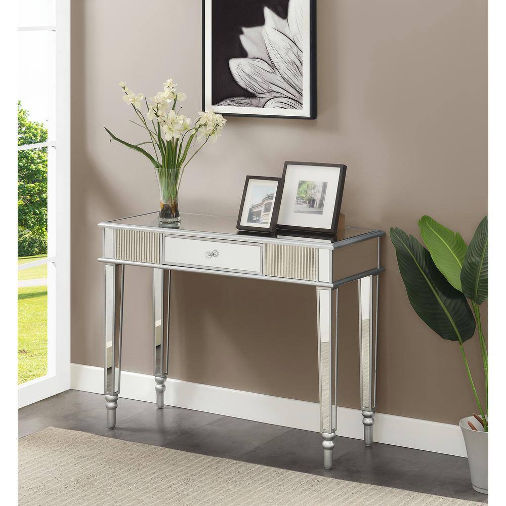 Elegant French Country Mirrored Desk with Silver Accents and Storage