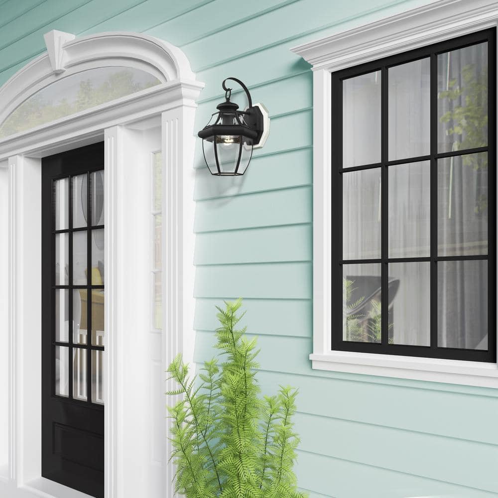 Colonial Black Brass Lantern Sconce with Beveled Glass
