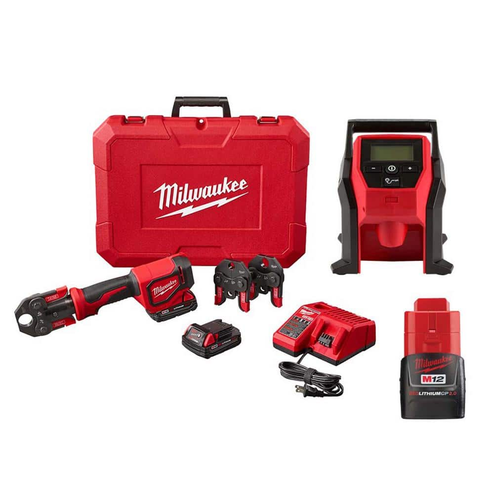 M18 18V Lithium-Ion Cordless Short Throw Press Tool Kit with PEX Jaws and M12 Portable Inflator with M12 2.0 Battery -  Milwaukee, 2674-22C-2475