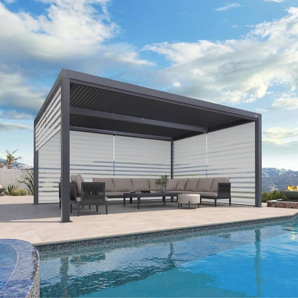 PURPLE LEAF 12 ft. x 16 ft. Gray Aluminum Louvered Pergola with Adjustable Sunshade Roofs and 1-Long 2-Short Side Roller Shade