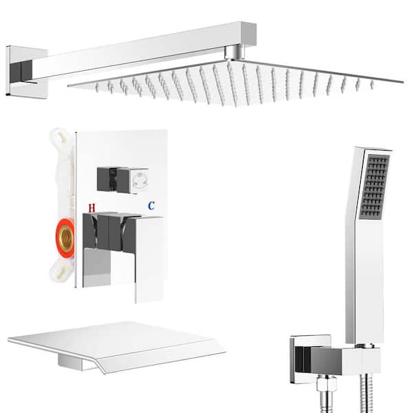 AKLFGN Single Handle 3-Spray Shower Faucet Square 10 in. 2.2 GPM with High Pressure with Storage Rack in. Chrome