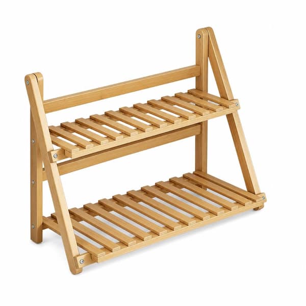 2-Tier Foldable Bamboo Countertop Shelf Organizer, 15.7 in. Natural Finish Coffee Station and Matcha