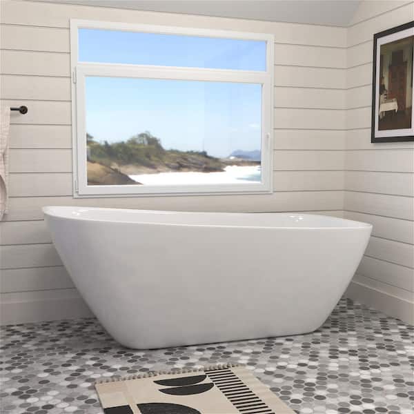 Flatbottom 59 in. W. x 28 in. Acrylic Soaking SPA Tub Single Slipper Bathtub Polished Chrome Overflow and Drain in White