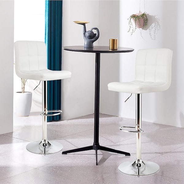 38 in. - 46 in. Adjustable Height White Low Back Metal Bar Stool with PU Leather-Seat 360° Swivel (Set of 2)