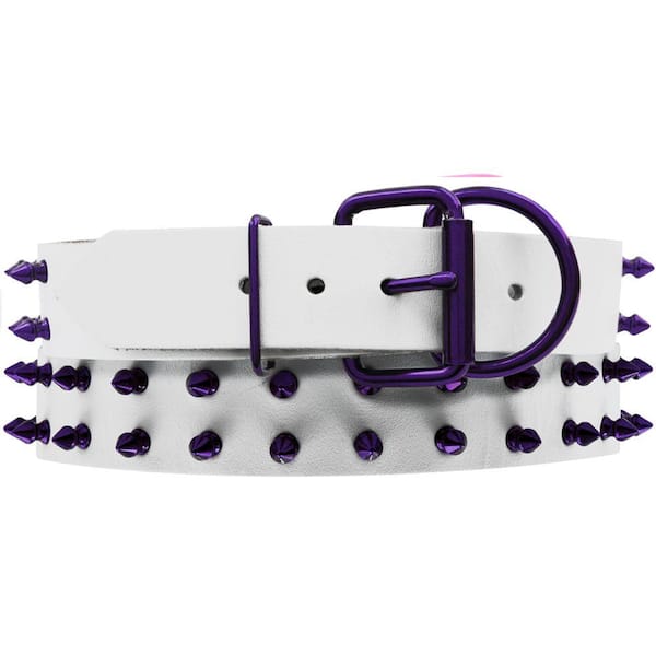 Platinum Pets 29 in. White Genuine Leather Dog Collar in Purple Spikes