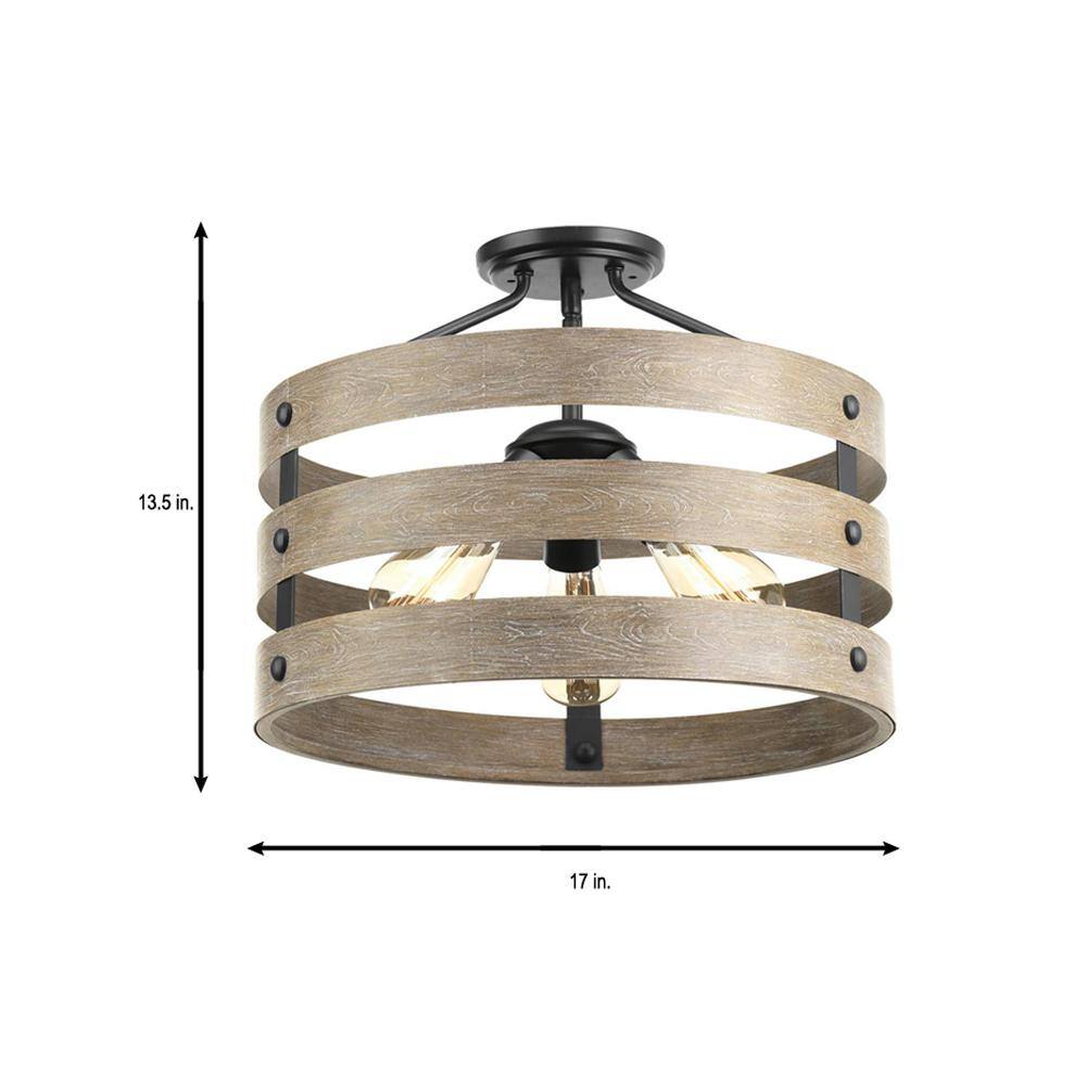 Gulliver Graphite & Wood-Grain 17" Drum Semi-Flush Ceiling Light