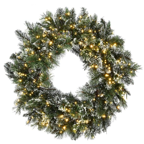 National Tree Company 30 in. Artificial Glittery Bristle Pine Wreath with 300 Dual Color LED Cosmic Lights