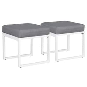 2-Piece White Aluminum Outdoor Patio Ottoman with Gray Cushions