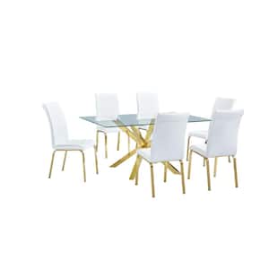 Tom 7-Piece Rectangle Gold Stainless Steel Glass Top White Faux Leather Chairs