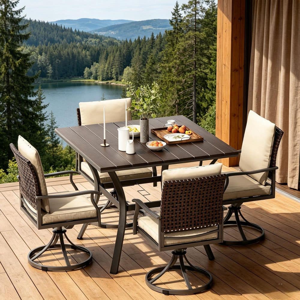 Lycvki 5-Piece Black Metal Outdoor Dining Set with 4 Swivel Dining ...