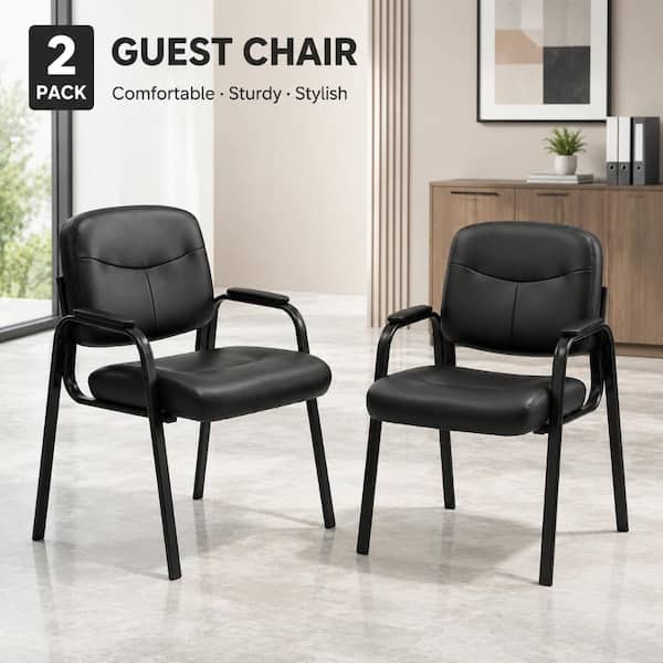 Stationary PU Leather Conference Room Reception Guest Chair in Black with No Wheels & Padded Arms  (2-Pack）
